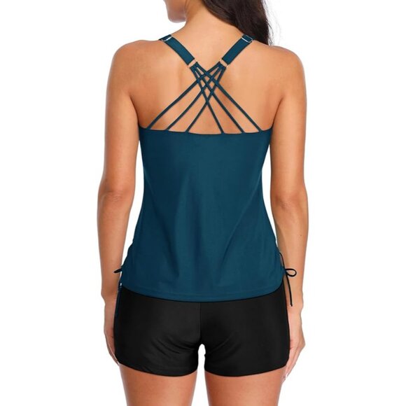 Tempt Me Size Medium 2-Piece Tankini V-Neck Ruched Top High-Waisted Boyshorts - Picture 6 of 11